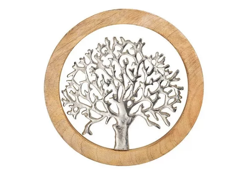 Arbre de Vie Mural en Métal dans un Cercle en Bois de Manguier 25x25x2cm