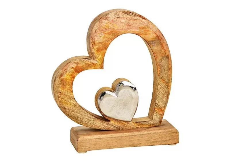 Coeur en Bois de Manguier et Métal 18x20x6cm