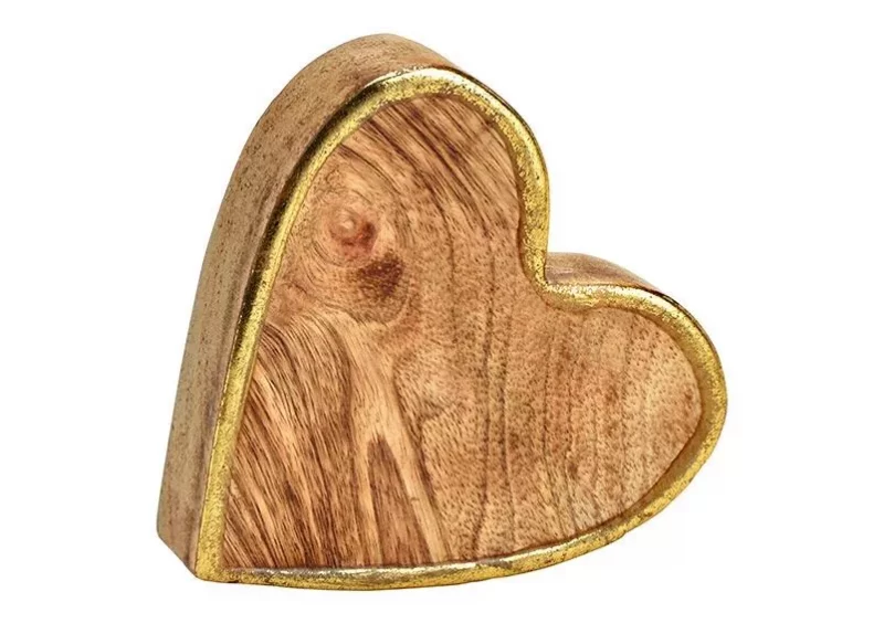 Coeur avec Bord Doré en Bois de Manguier Naturel 10x10x4cm