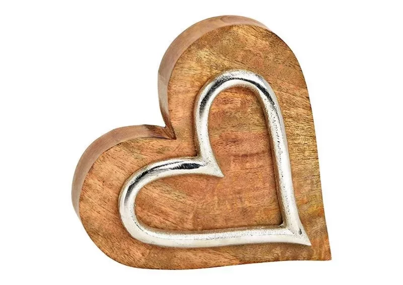 Coeur en Bois de Manguier Naturel , avec Coeur en Métal 15x15x4cm