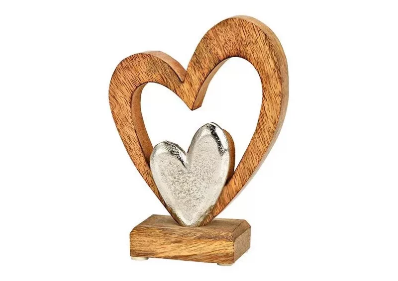 Coeur en Bois de Manguier Naturel , avec Coeur en Métal 13x17x5cm