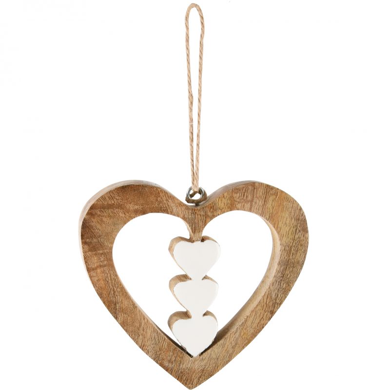 Pendentif Coeur en Bois Naturel avec Coeurs Blancs 12x2x12cm