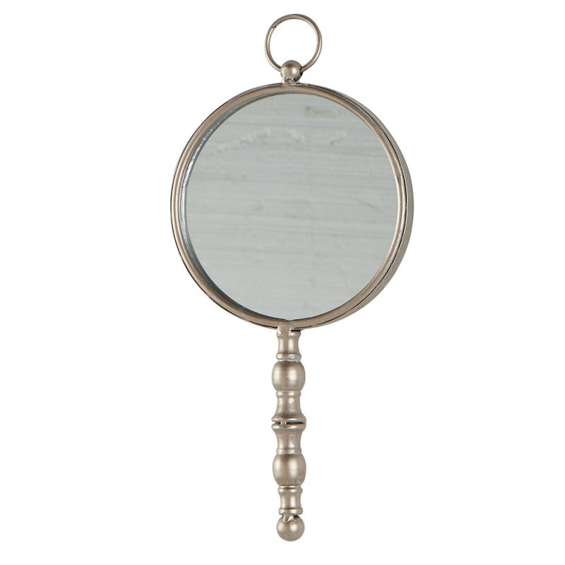 Miroir Rond Métal Argenté avec Poignée à Poser ou à Accrocher 16x35,5cm