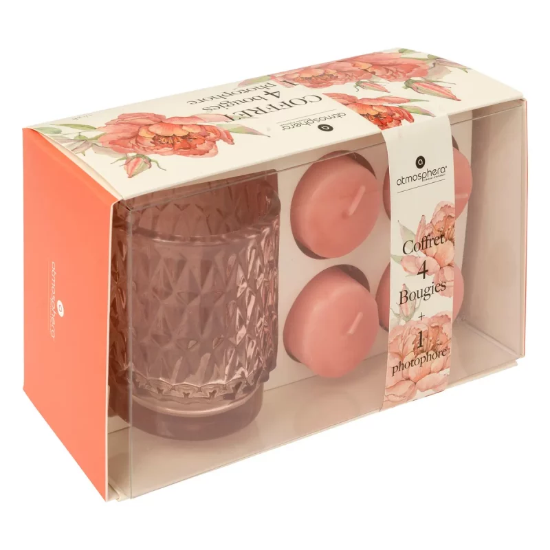 Coffret Photophore avec 4 Bougies “Oudy” Rose 7x8cm